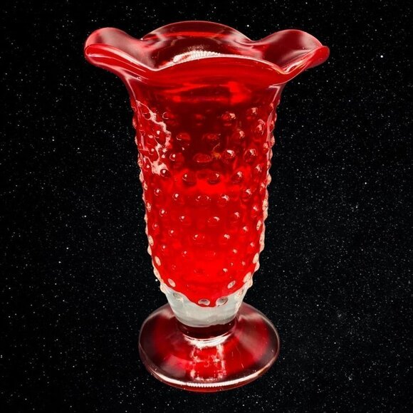 Vintage Set of 2 Art Glass Hand Blown Ruby Red Hobnail Bud Vases 6”T 3.75”W - Picture 7 of 11